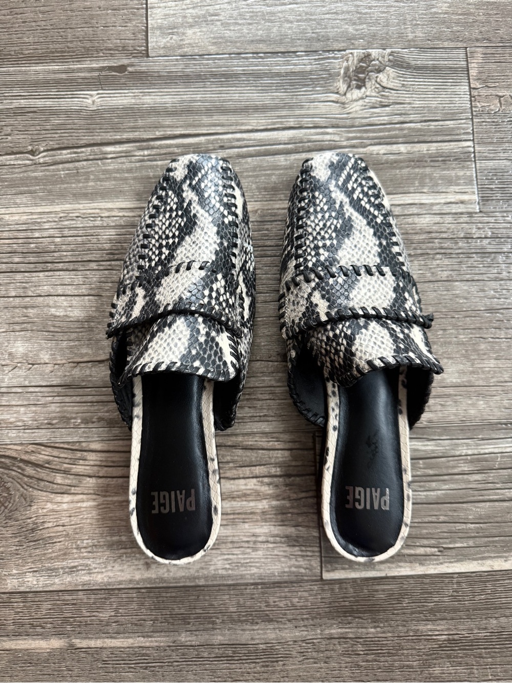 PAIGE Black & White Snake-Print Slip-On Mules